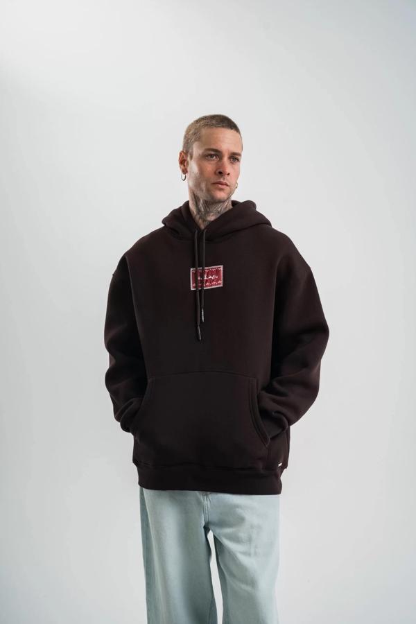 Double Oversize Kapşonlu Dijital Patchli SweatShirt - Kahve - Image 1