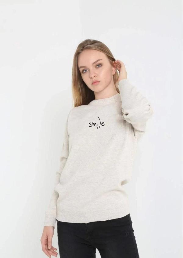 Unisex Bisiklet Yaka Baskılı Dokuma Triko - Bej - Image 1