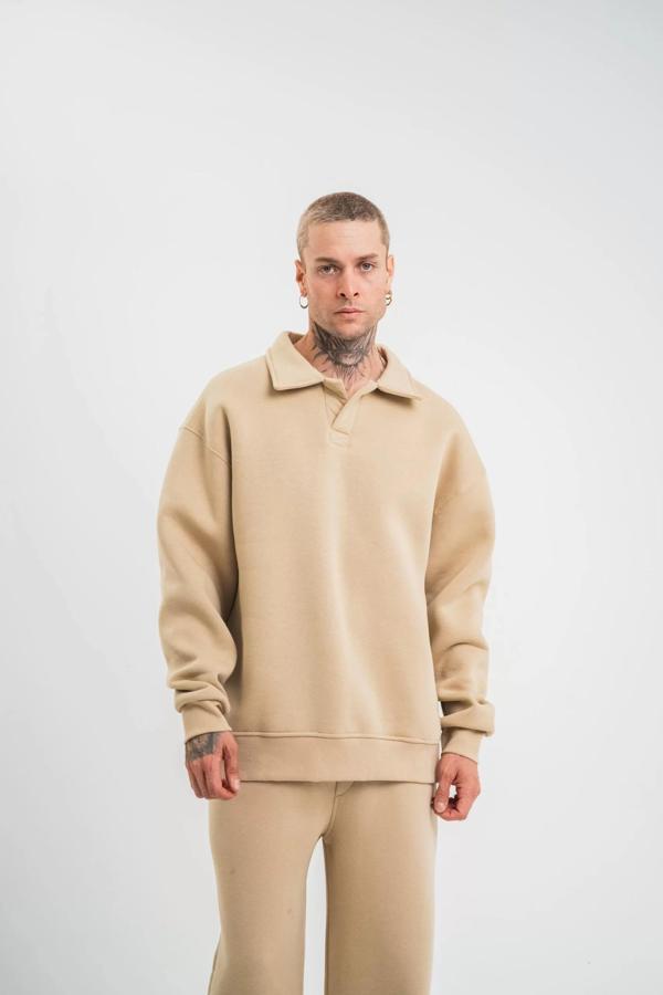 Unisex Double Oversize Patlı Yaka SweatShirt - Bej - Image 1