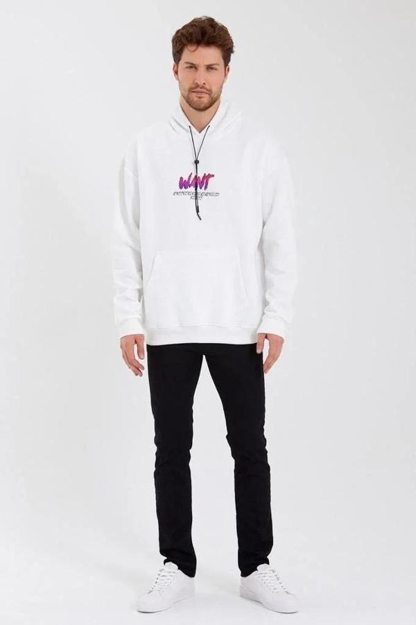 Erkek Baskılı Üç İplik Kapüşonlu Oversize Sweatshirt - Beyaz - Image 1
