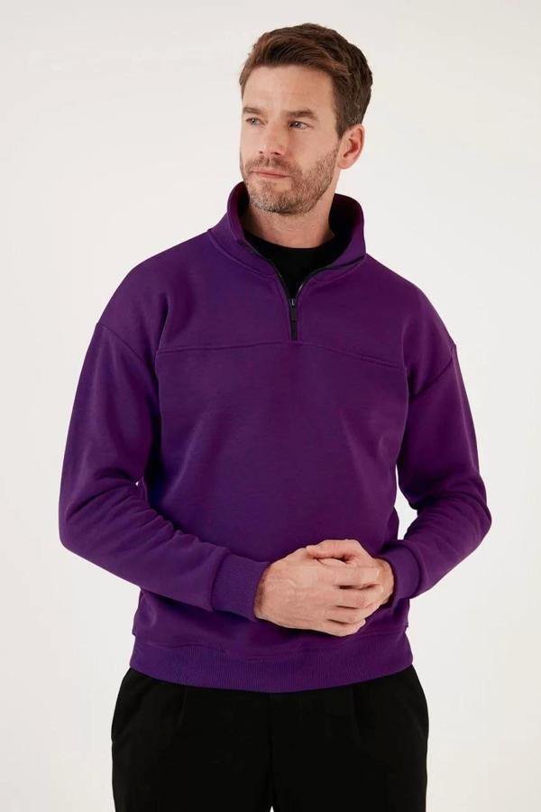 Oversize Yarım Farmuarlı Yakalı Basic SweatShirt - Mor - Image 1