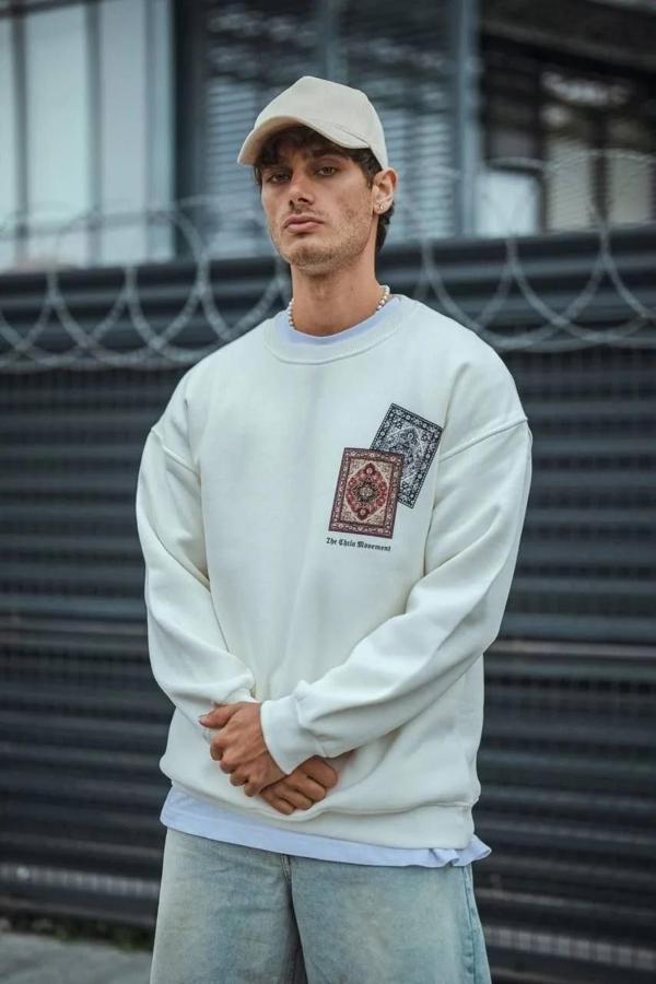 Uzun Kol Bisiklet Yaka Baskılı SweatShirt - Beyaz - Image 1