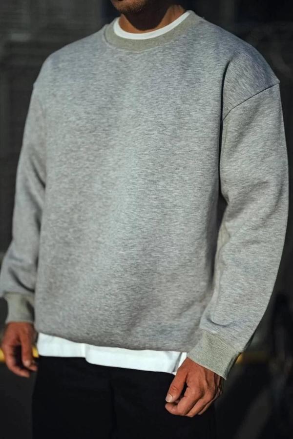 Kışlık Bisiklet Yaka Üç İplik Basic SweatShirt - Gri - Image 1