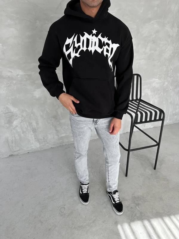 Unisex Üç İplik Kapüşonlu Baskılı SweatShirt - Siyah - Image 1
