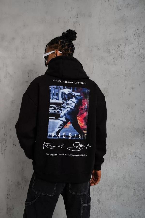 Erkek Astronot Baskılı Kapüşonlu Sweat - Siyah - Image 1