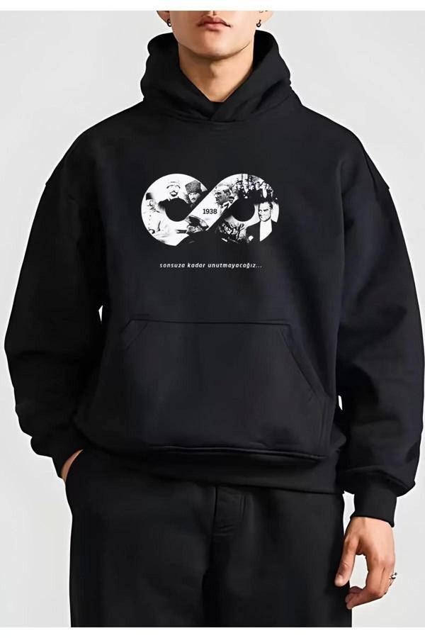 10 Kasıma Özel Üç İplik Kapüşonlu Baskılı SweatShirt - Siyah - Image 1