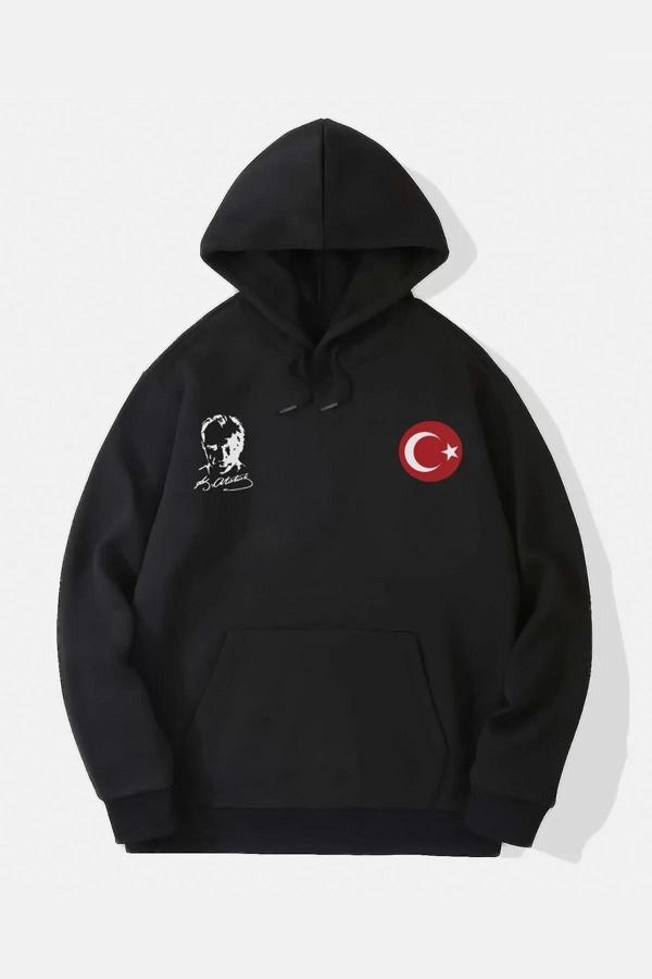 10 Kasıma Özel Üç İplik Kapüşonlu Baskılı SweatShirt - Siyah - Image 1