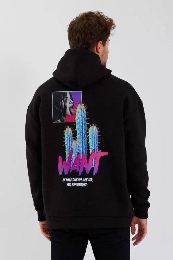 Erkek Baskılı Üç İplik Kapüşonlu Oversize Sweatshirt - Siyah - Image 1