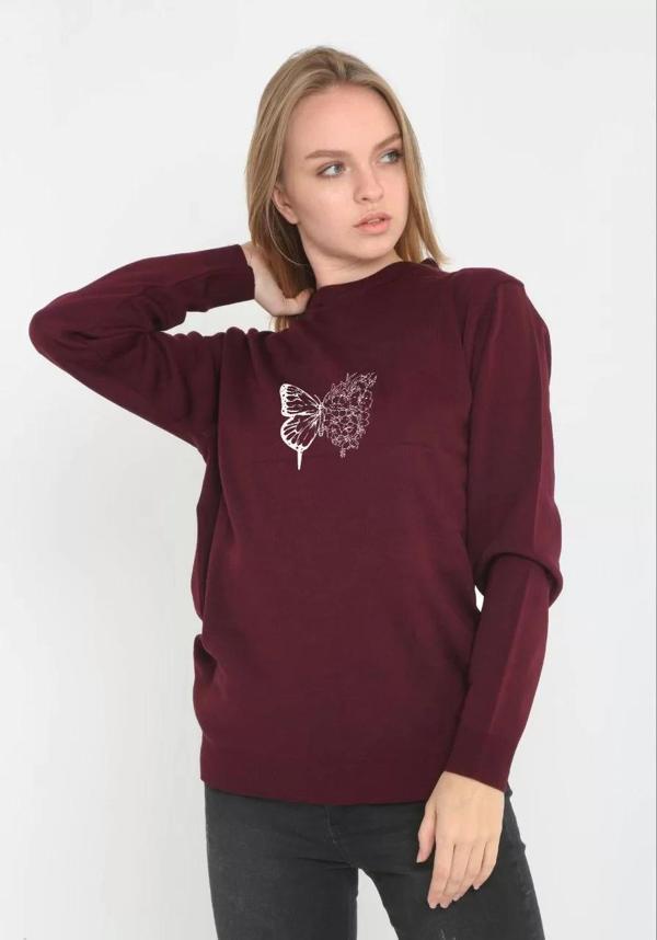 Unisex Bisiklet Yaka Baskılı Dokuma Triko - Bordo - Image 1
