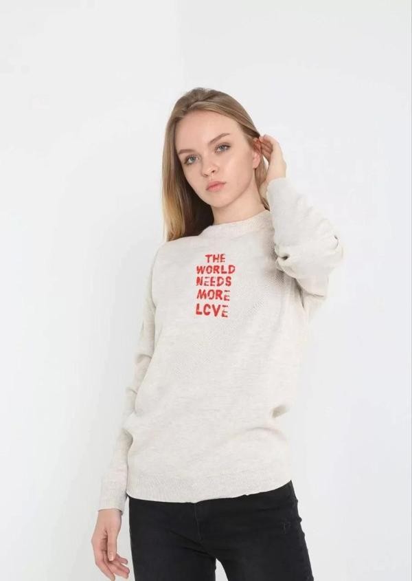 Unisex Bisiklet Yaka Baskılı Dokuma Triko - Bej - Image 1