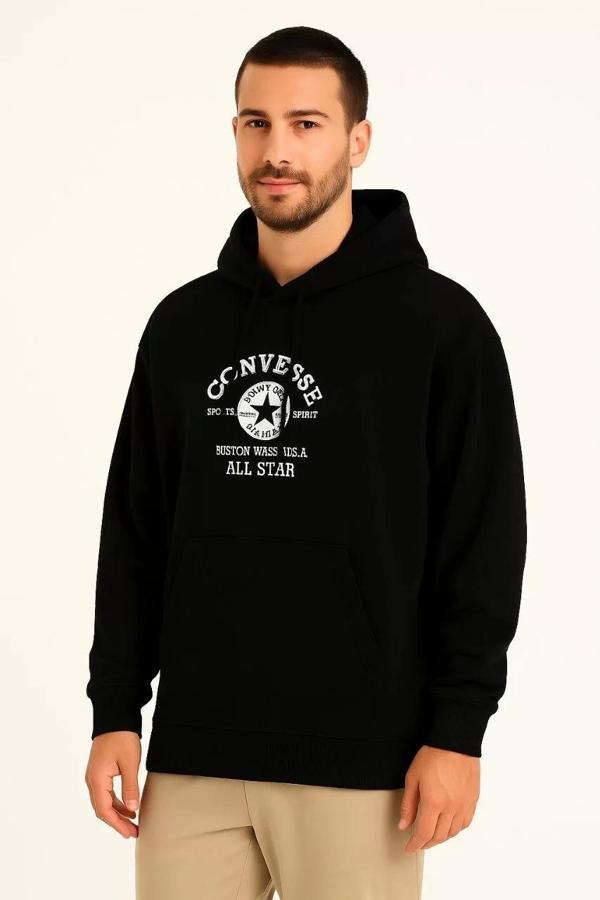 Üç İplik Kapşonlu ön ve Arka Baskılı SweatShirt hoodie- Siyah - Image 1
