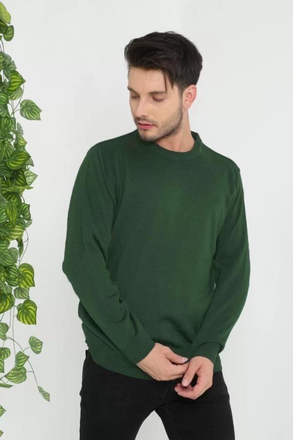 Unisex Uzun Kol Biskilet Yaka Dokuma Triko - Haki - Image 1