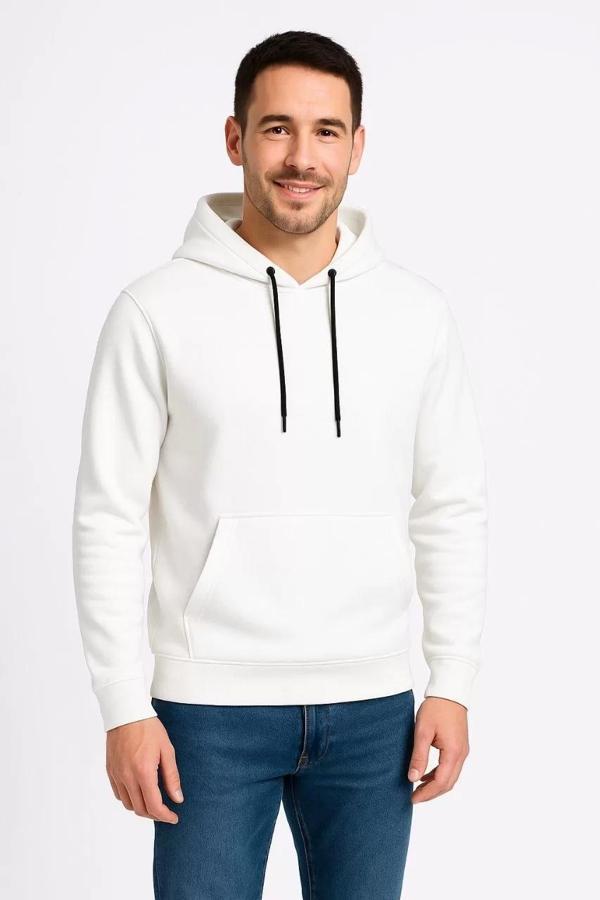 Erkek Üç İplik Kapüşonlu Kanguru Cepli SweatShirt hoodie - Beyaz - Image 1