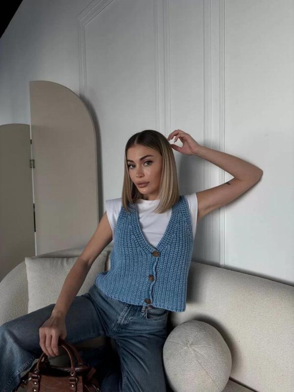 Triko Kolsuz Düğmeli Yelek - Mavi - Image 1