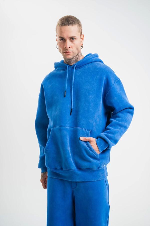 Unisex Double Oversize Kapşonlu Yıkamalı SweatShirt - Mavi - Image 1