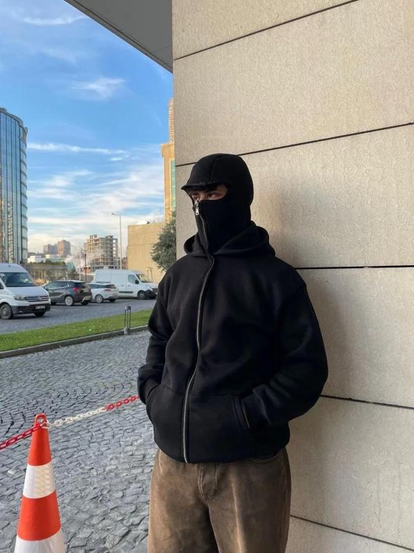 Samuray Kapüşonlu ZIP Fermuarlı Kapüşonlu SweatShirt - Siyah - Image 1