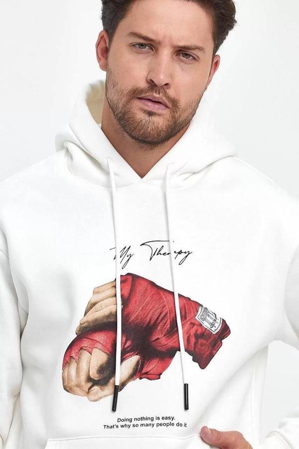 Unisex Kapüşonlu Üç İplik Oversize Baskılı Sweatshirt - Beyaz - Image 1