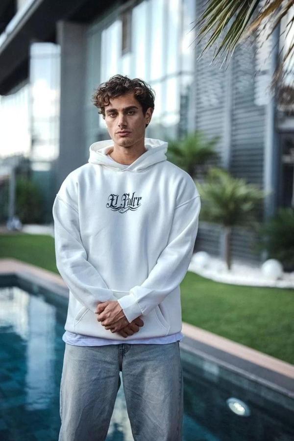 Üç İplik Penye Kapşonlu Baskılı SweatShirt - Beyaz - Image 1