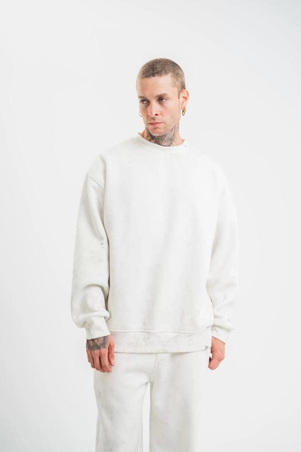 Unisex Uzun Kol Bisiklet Yaka Yıkamalı SweatShirt - Beyaz - Image 1