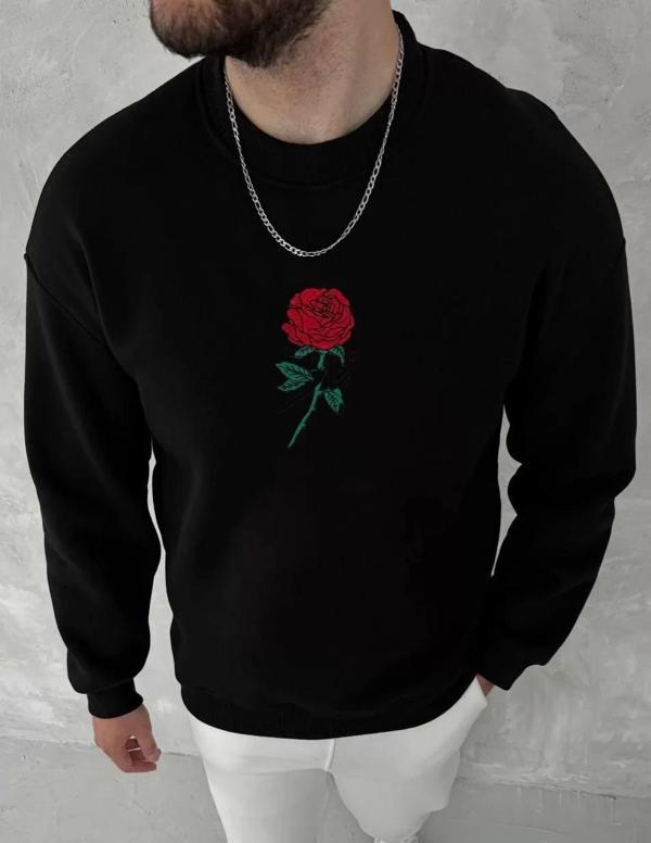 Unisex Bisiklet Yaka Ön Ve Arka Baskılı SweatShirt - Siyah - Image 1