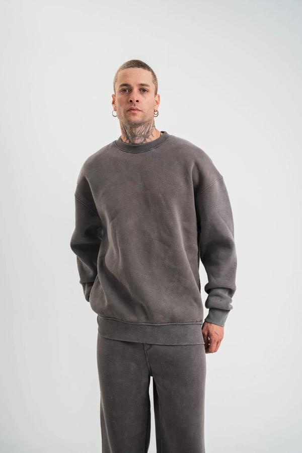 Unisex Uzun Kol Bisiklet Yaka Yıkamalı SweatShirt - Füme - Image 1