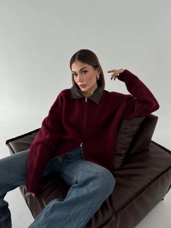 Deri Yakalı Pamuk dokulu Çift Taraflı Çalışan Fermuar Ceket - Bordo - Image 1