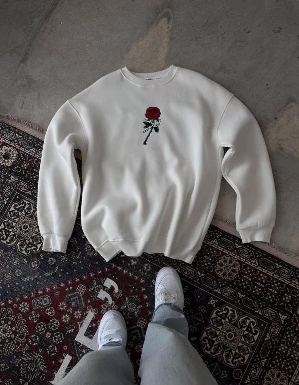 Unisex Bisiklet Yaka Ön Ve Arka Baskılı SweatShirt - Beyaz - Image 1
