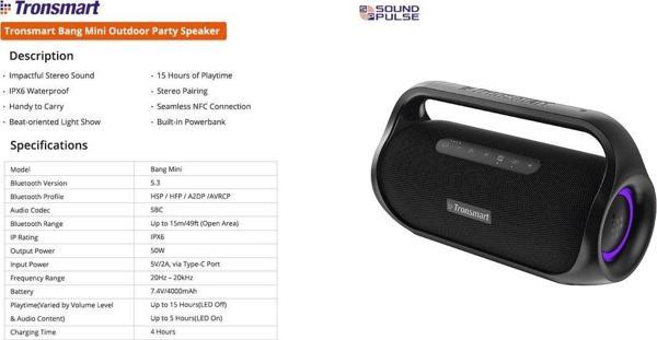 Tronsmart Bang Mini 50W Bluetooth 5.3 Taşınabilir Parti Hoparlörü  - Image 1