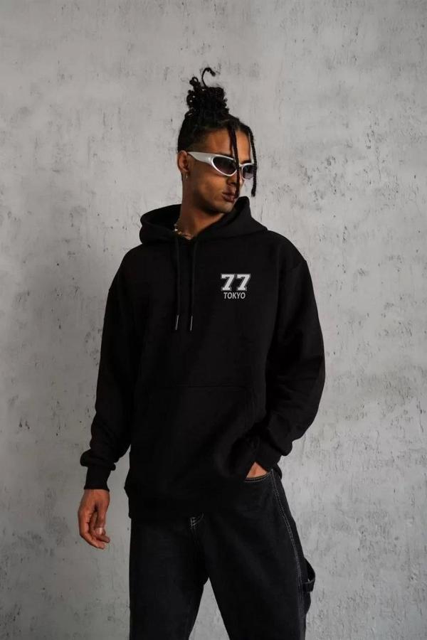 Unisex Kapşonlu Baskılı Sweetshirt - Siyah - Image 1