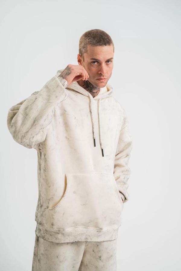 Unisex Double Oversize Kapşonlu Yıkamalı SweatShirt - Krem - Image 1