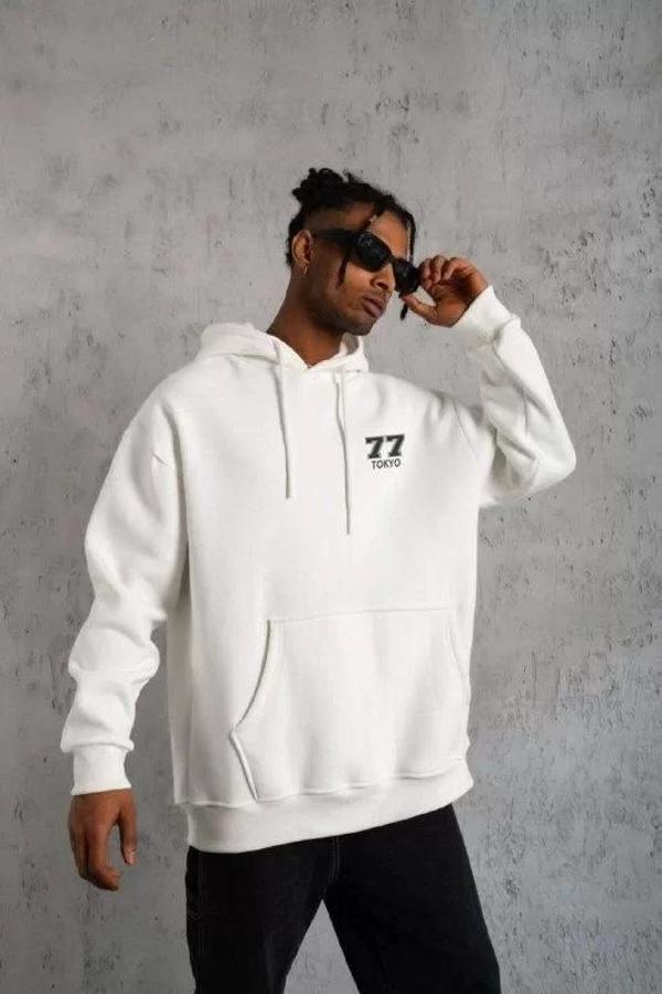 Unisex Kapşonlu Baskılı Sweetshirt - Beyaz - Image 1