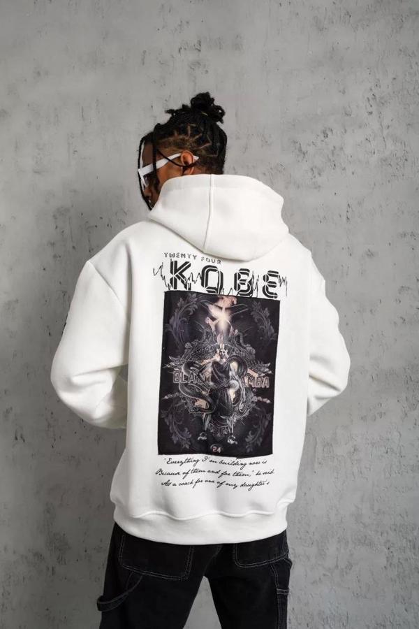 Erkek Baskılı Kapüşonlu Sweat - Beyaz - Image 1