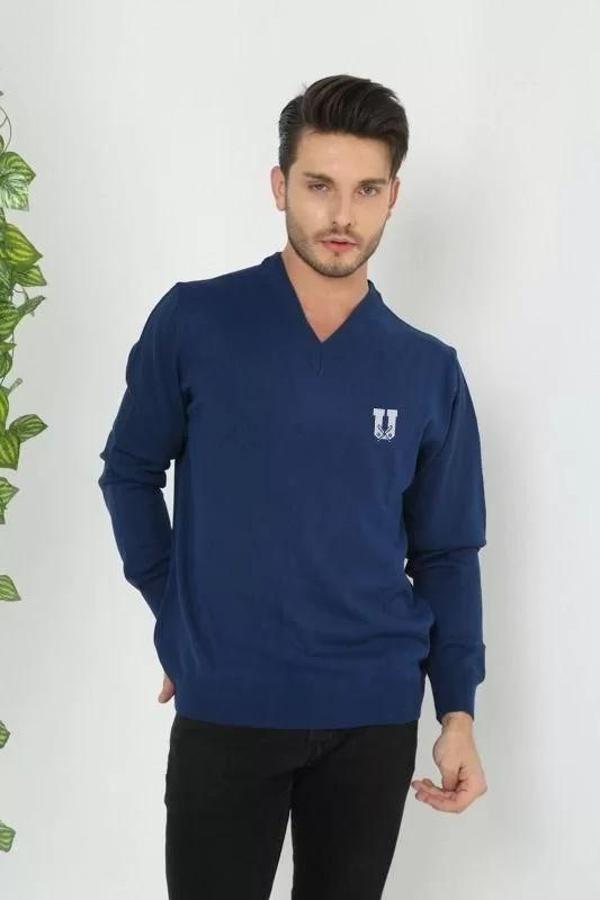 Baskılı V Yaka Uzun Kol Dokuma Triko - Indigo - Image 1