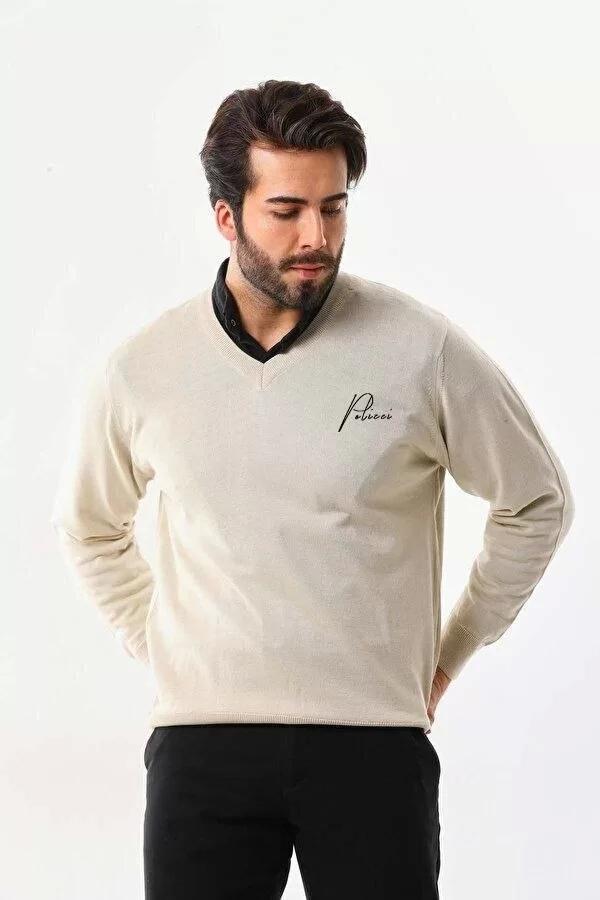 Baskılı V Yaka Uzun Kol Dokuma Triko - Bej - Image 1