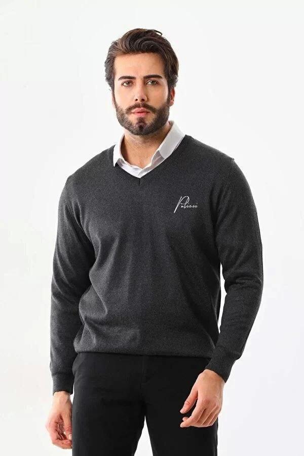 Baskılı V Yaka Uzun Kol Dokuma Triko - Füme - Image 1