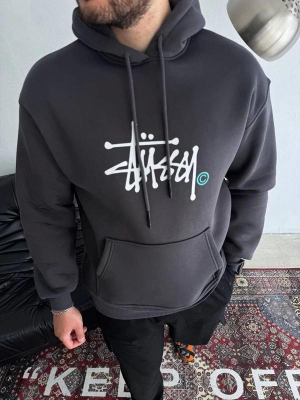 Üç İplik Kapşonlu Baskılı SweatShirt - Füme - Image 1