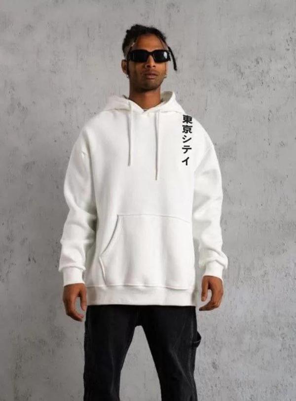 Unisex Kapşonlu Uzun Kol Baskılı Sweetshirt - Beyaz - Image 1