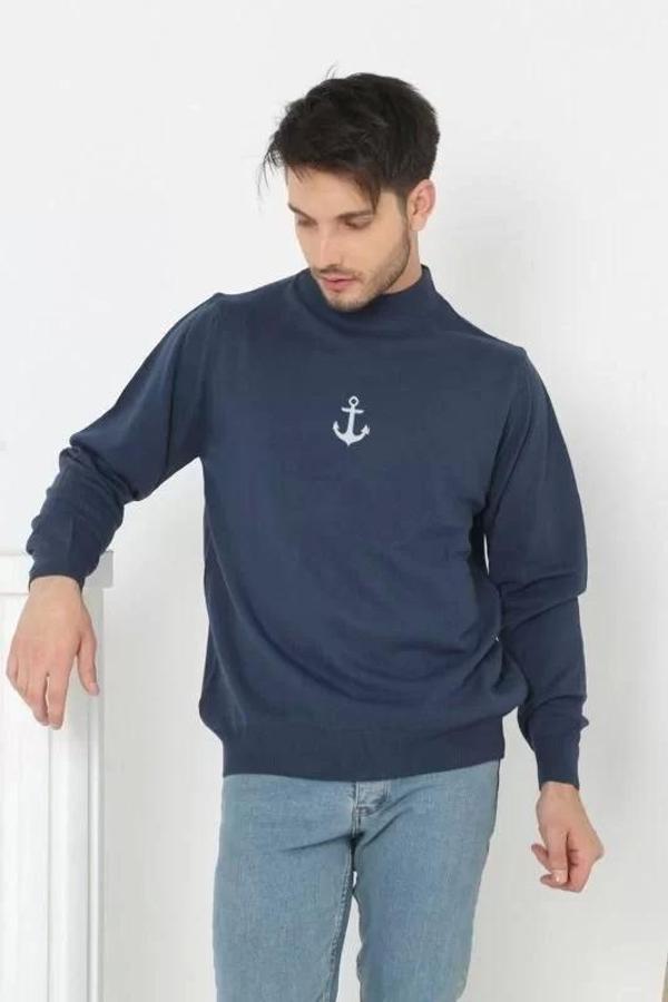 Unisex Yarım Boğazlı Baskılı Dokuma Triko - Indigo - Image 1