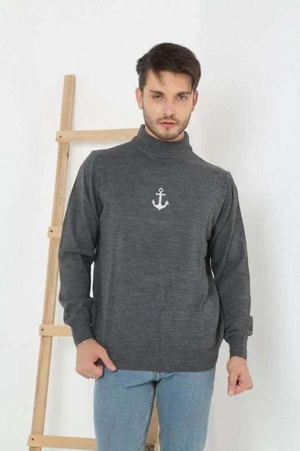 Unisex Yarım Boğazlı Baskılı Dokuma Triko - Füme - Image 1