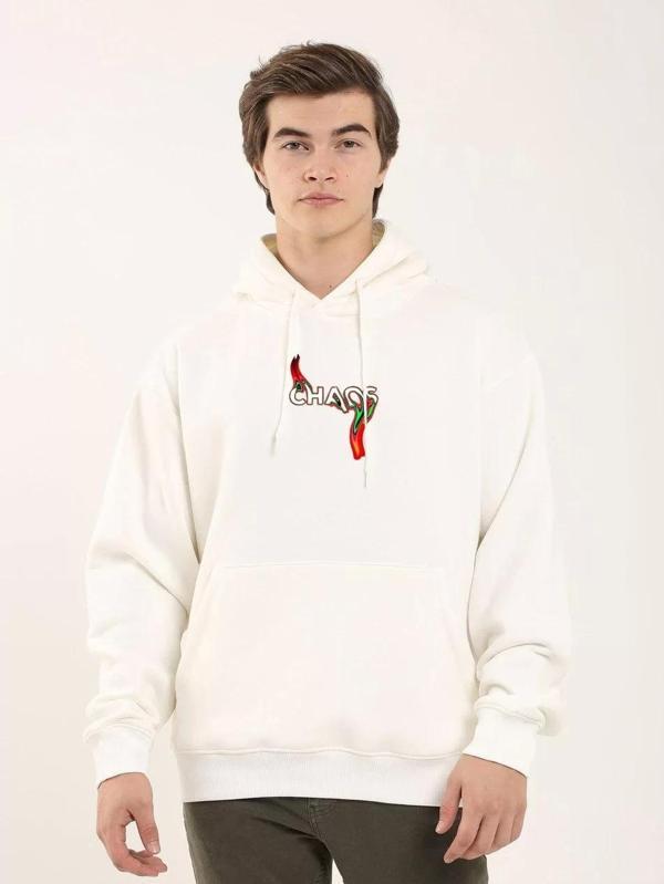 Unisex Baskılı Oversize Üç İplik Kapüşonlu Sweatshirt - Beyaz - Image 1