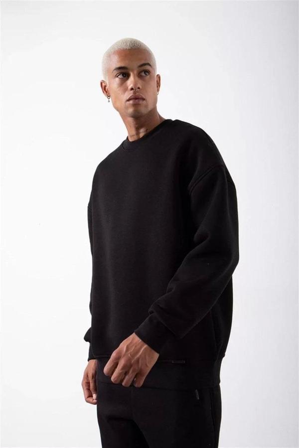 Unisex Biskilet Yaka Üç İplik SweatShirt - Siyah - Image 1