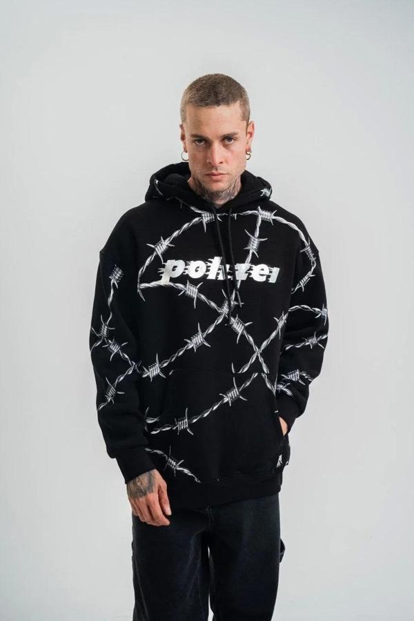 Unisex Kapşonlu Varak ve Pano Baskılı SweatShirt- Siyah - Image 1