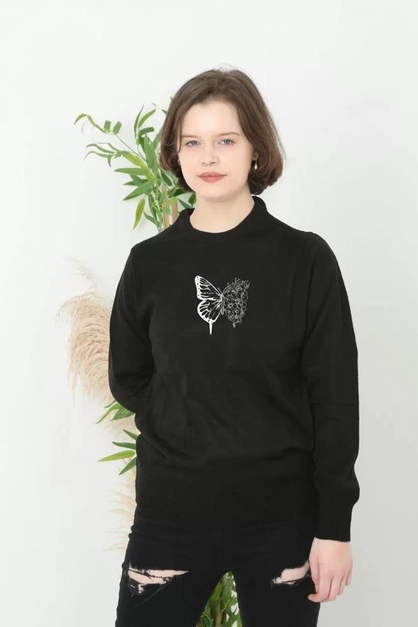 Unisex Bisiklet Yaka Baskılı Dokuma Triko - Siyah - Image 1