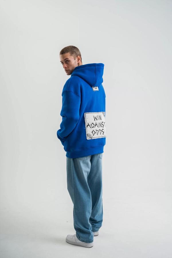 Unisex Kapşonlu Uzun Kol Patchli Nakışlı SweatShirt - Mavi - Image 1