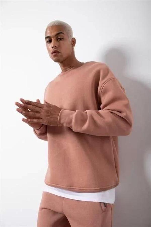 Unisex Biskilet Yaka Üç İplik SweatShirt - Pembe - Image 1