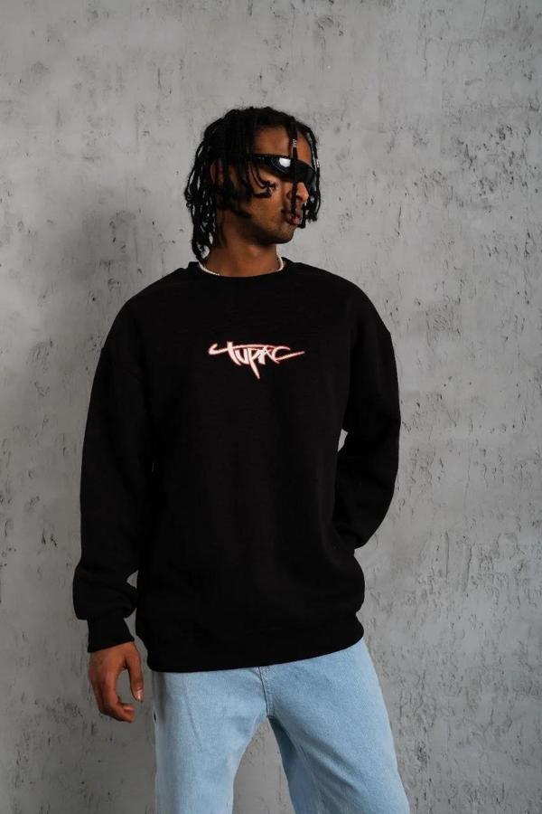 Erkek 3 İplik Gangster Baskılı Sweatshirt - Siyah - Image 1