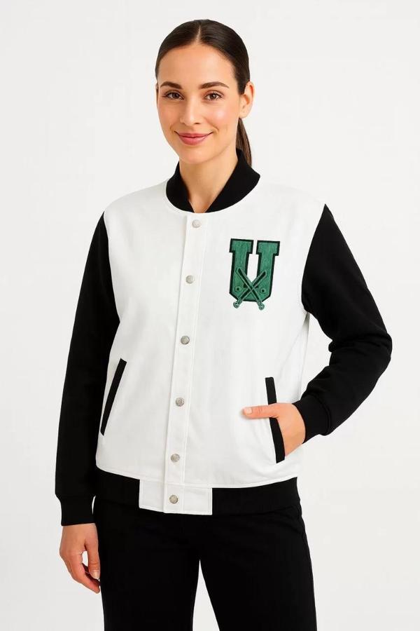 İki İplik Nakış İşlemeli Kolej ceket - Beyaz - Image 1
