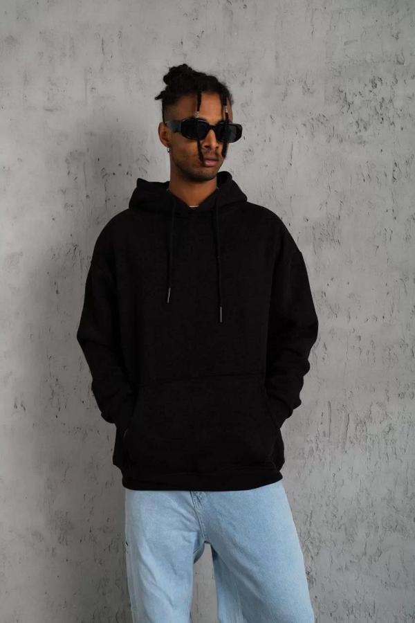 Erkek Düz Kapüşonlu Sweat - Siyah - Image 1