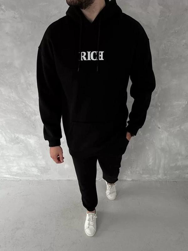 Uzun Kol Kapüşonlu Göğüs Baskılı SweatShirt - Siyah - Image 1