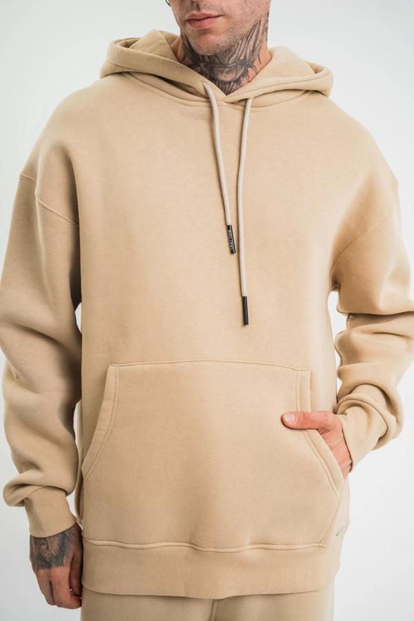Unisex Double Oversize Kapşonlu Basic SweatShirt - Bej - Image 1